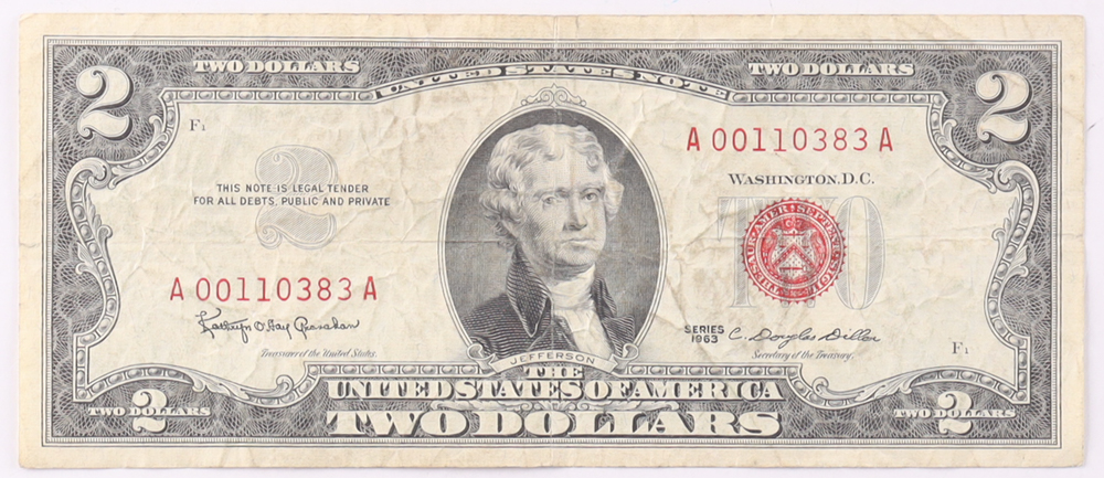 1963 $2 United States Treasury Red Seal Silver Certificate Paper Bank Note at PristineAuction.com 1963 $2 United States Treasury Red Seal Silver Certificate Paper Bank Note at PristineAuction.com