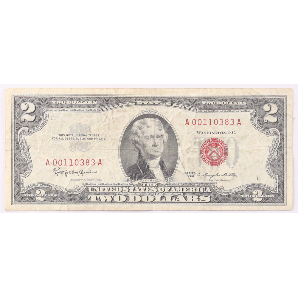 1963 $2 United States Treasury Red Seal Silver Certificate Paper Bank Note at PristineAuction.com