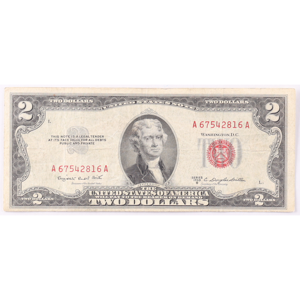 1953-B $2 United States Treasury Red Seal Silver Certificate Paper Bank Note at PristineAuction.com