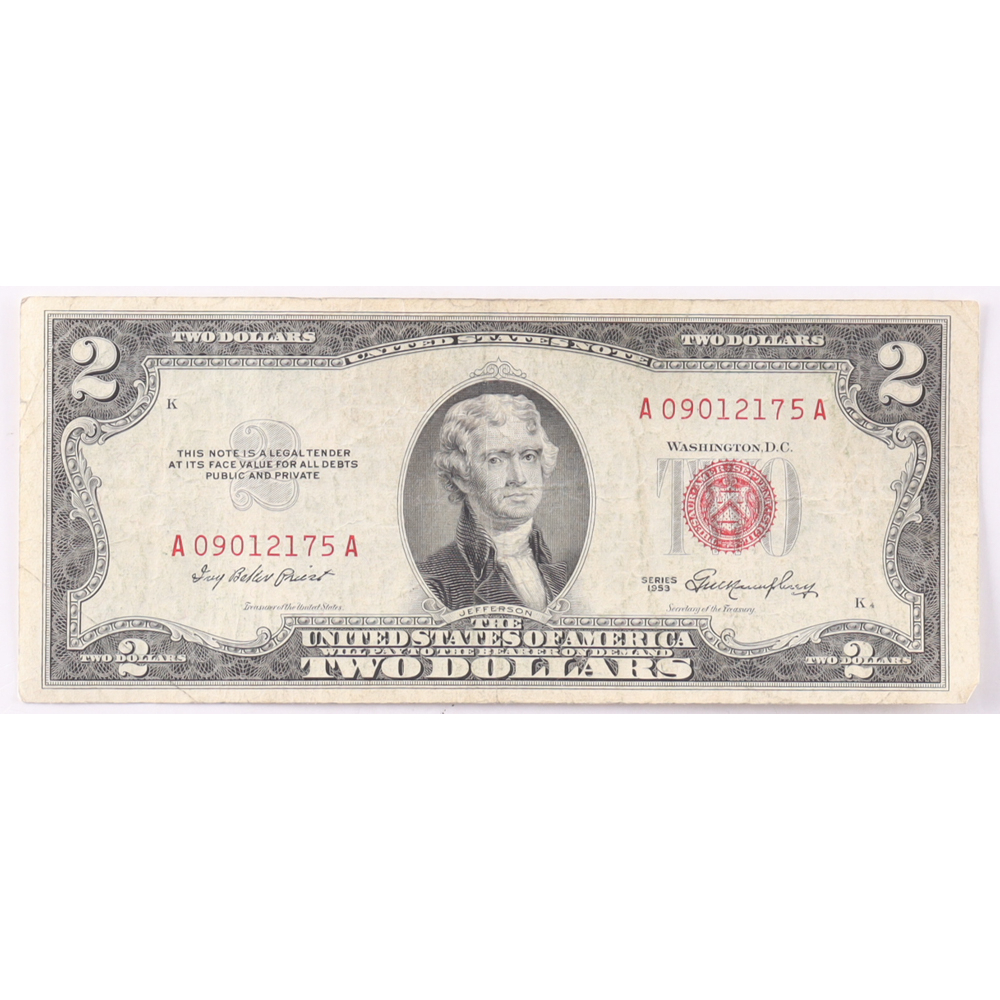 1953 $2 United States Treasury Red Seal Silver Certificate Paper Bank Note at PristineAuction.com