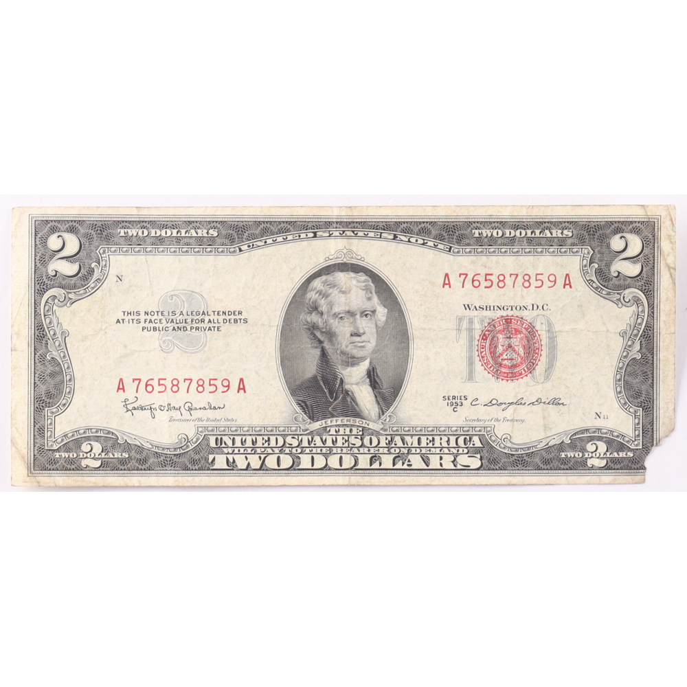 1953-C $2 United States Treasury Red Seal Silver Certificate Paper Bank Note at PristineAuction.com