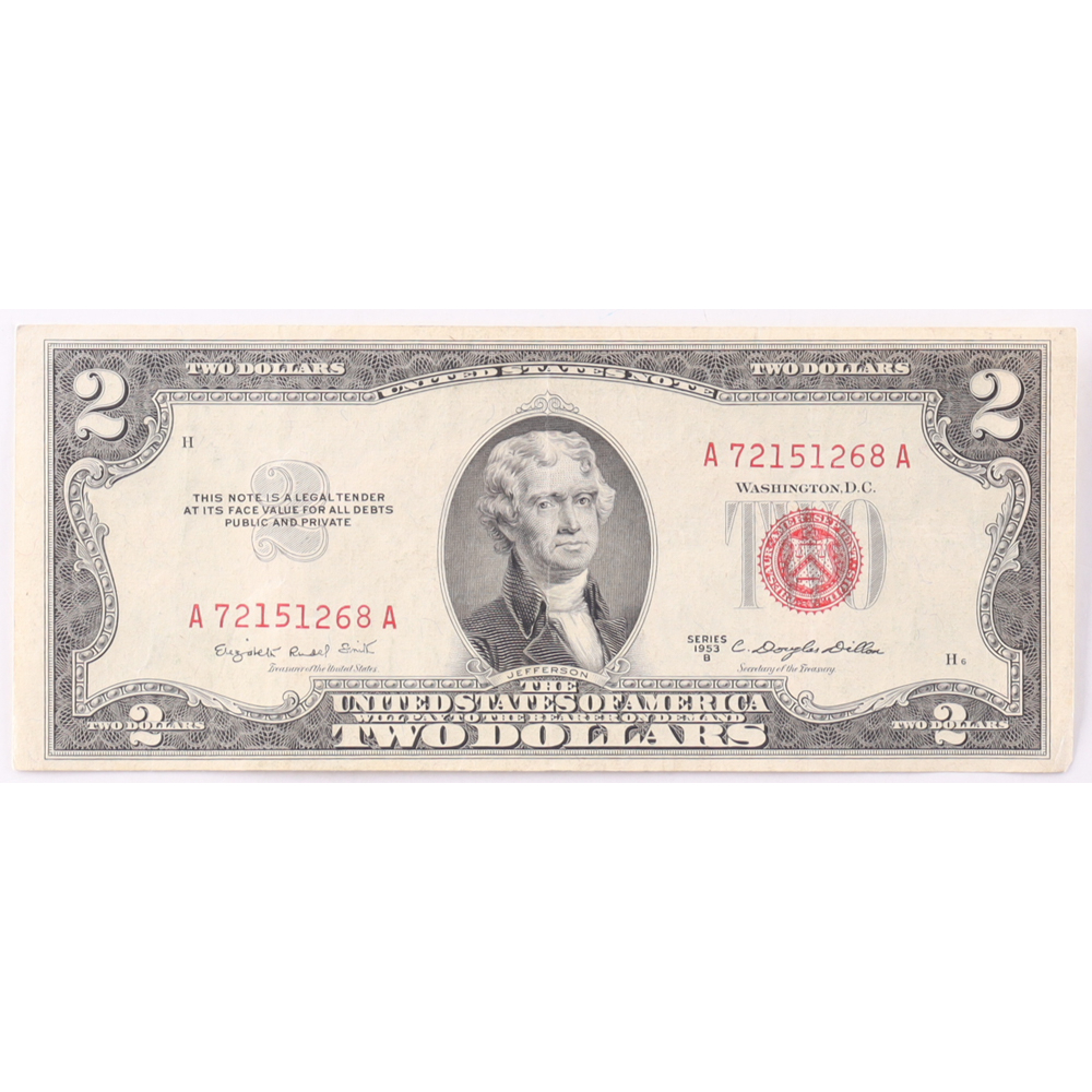 1953-B $2 United States Treasury Red Seal Silver Certificate Paper Bank Note at PristineAuction.com