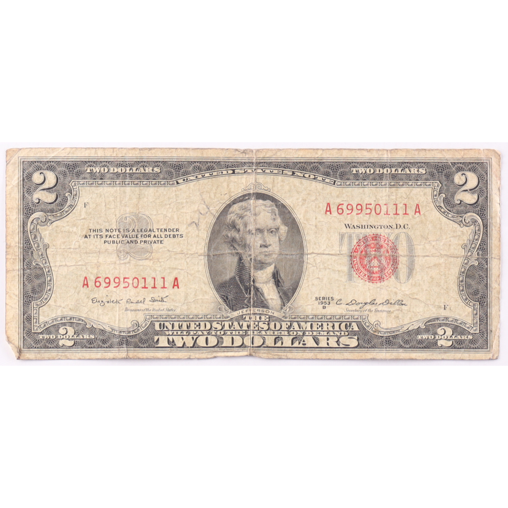 1953-B $2 United States Treasury Red Seal Silver Certificate Paper Bank Note at PristineAuction.com