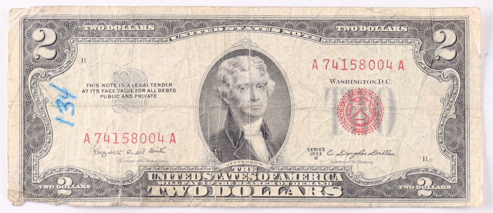 1953-B $2 United States Treasury Red Seal Silver Certificate Paper Bank Note at PristineAuction.com 1953-B $2 United States Treasury Red Seal Silver Certificate Paper Bank Note at PristineAuction.com