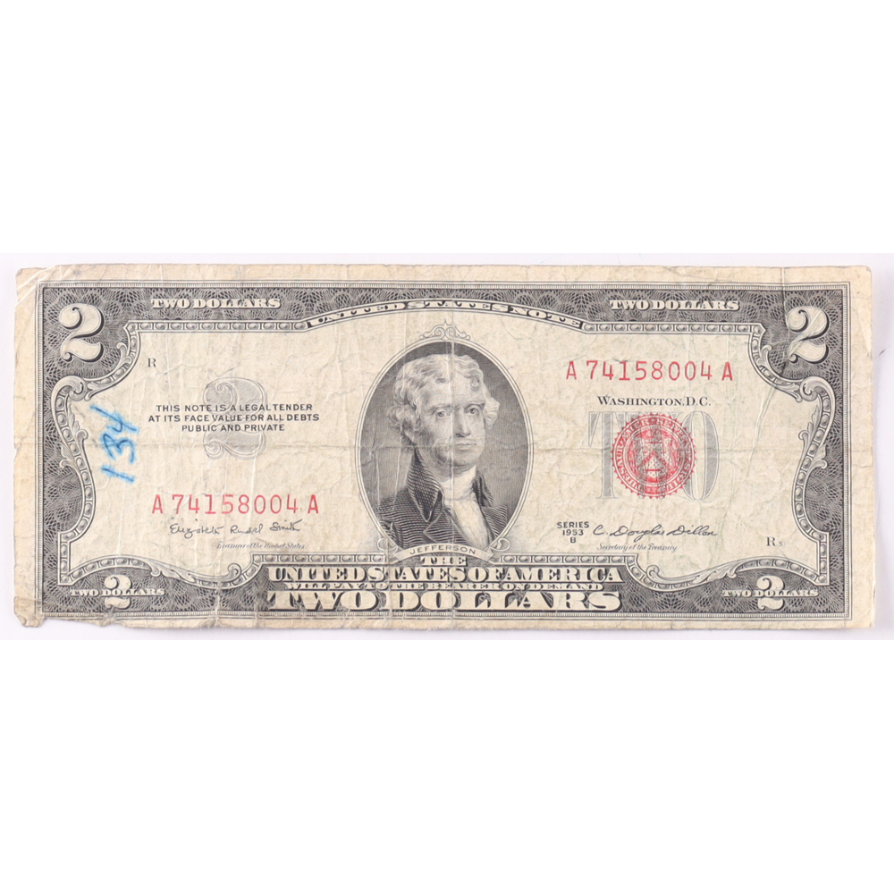 1953-B $2 United States Treasury Red Seal Silver Certificate Paper Bank Note at PristineAuction.com