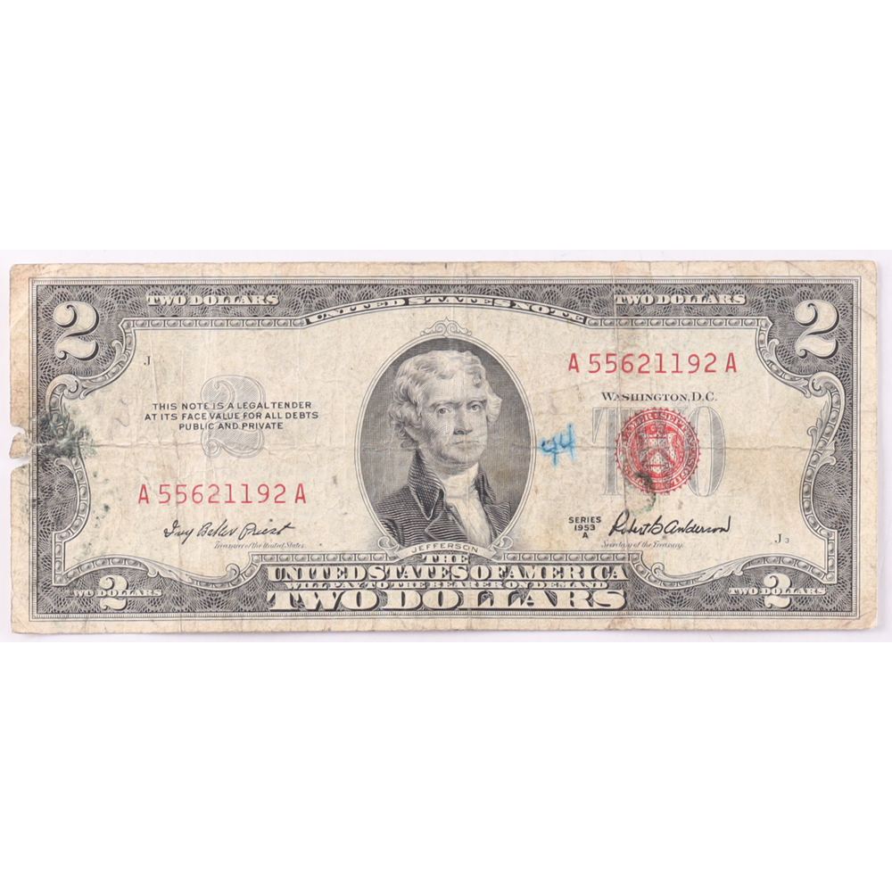 1953-A $2 United States Treasury Red Seal Silver Certificate Paper Bank Note at PristineAuction.com