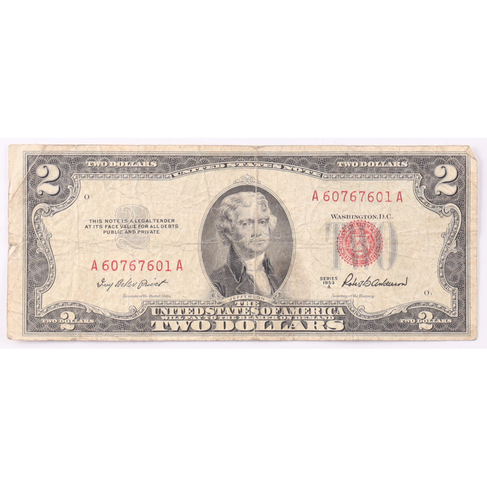 1953-A $2 United States Treasury Red Seal Silver Certificate Paper Bank Note at PristineAuction.com