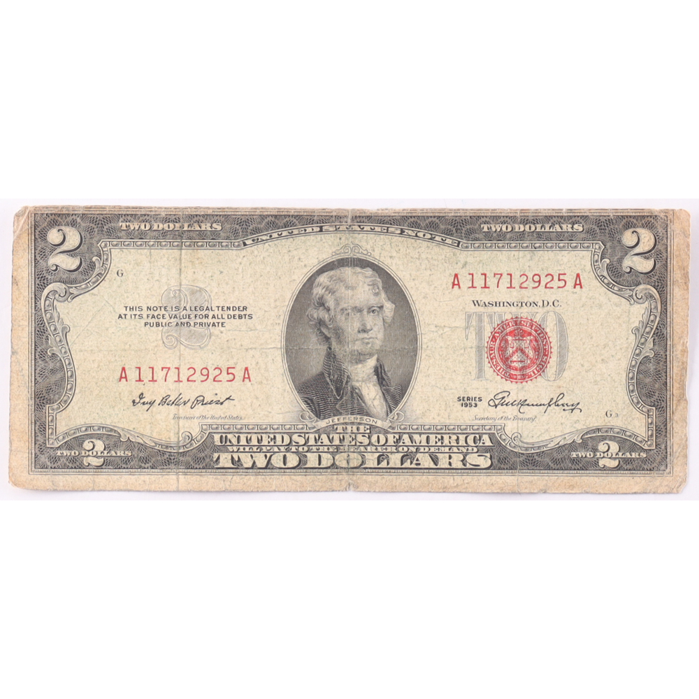 1953 $2 United States Treasury Red Seal Silver Certificate Paper Bank Note at PristineAuction.com