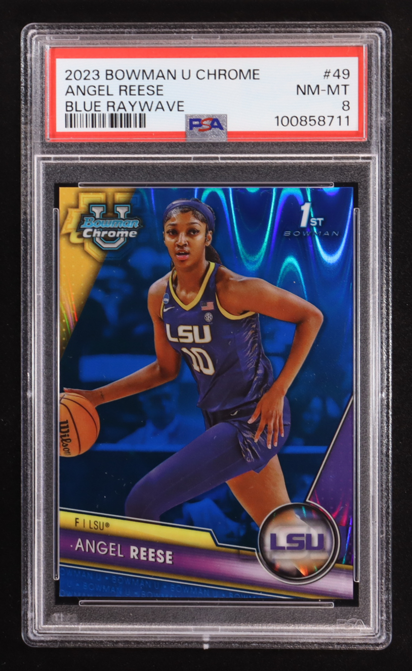 Angel Reese 2023-24 Bowman Chrome University Blue RayWave Refractors #49 #026/199 (PSA 8) at PristineAuction.com Angel Reese 2023-24 Bowman Chrome University Blue RayWave Refractors #49 #026/199 (PSA 8) at PristineAuction.com