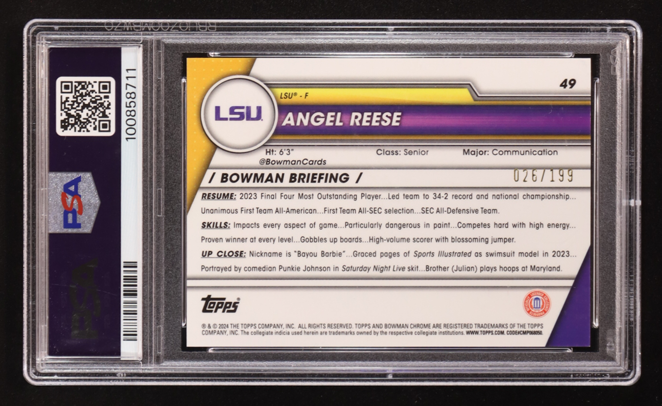 Angel Reese 2023-24 Bowman Chrome University Blue RayWave Refractors #49 #026/199 (PSA 8) at PristineAuction.com Angel Reese 2023-24 Bowman Chrome University Blue RayWave Refractors #49 #026/199 (PSA 8) at PristineAuction.com