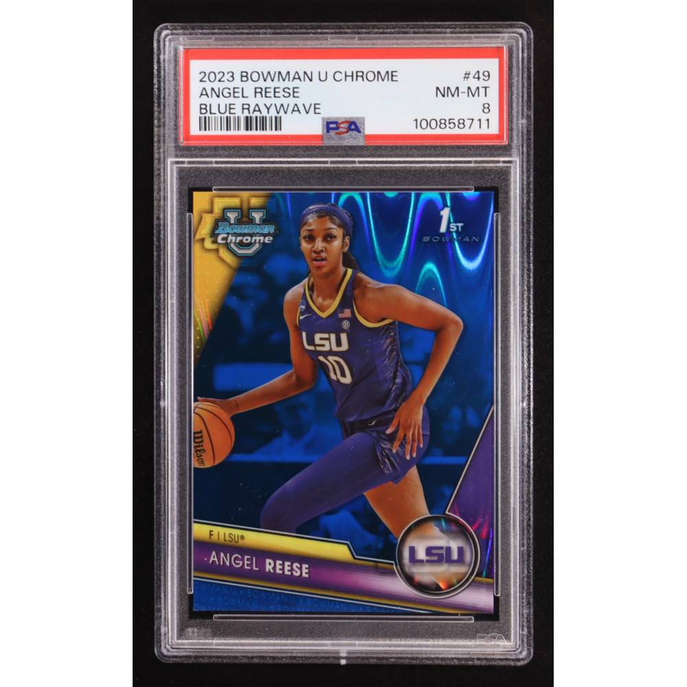 Angel Reese 2023-24 Bowman Chrome University Blue RayWave Refractors #49 #026/199 (PSA 8) at PristineAuction.com
