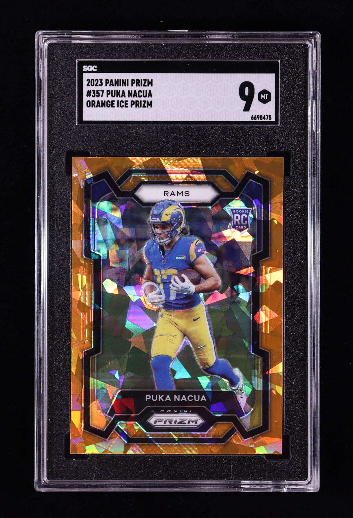 Puka Nacua 2023 Panini Prizm Prizms Orange Ice #357 RC (SGC 9) at PristineAuction.com Puka Nacua 2023 Panini Prizm Prizms Orange Ice #357 RC (SGC 9) at PristineAuction.com