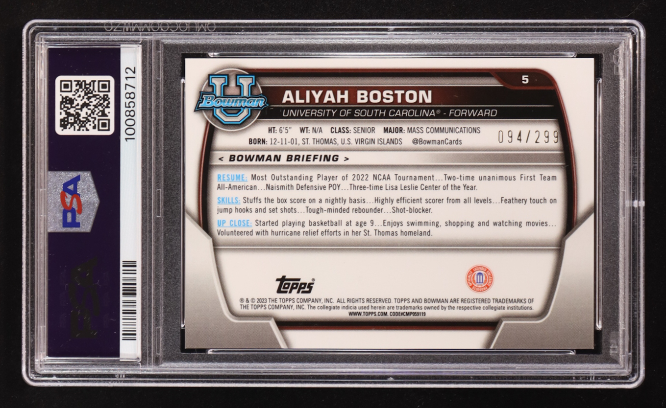 Aliyah Boston 2022-23 Bowman Chrome University Aqua Refractors #5 #094/299 (PSA 9) at PristineAuction.com Aliyah Boston 2022-23 Bowman Chrome University Aqua Refractors #5 #094/299 (PSA 9) at PristineAuction.com