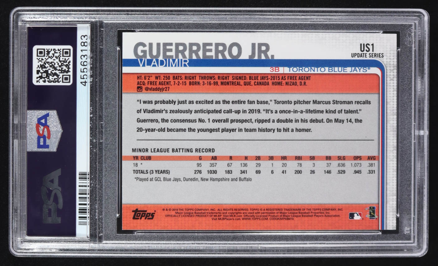 Vladimir Guerrero Jr. 2019 Topps Update #US1 RC (PSA 9) at PristineAuction.com Vladimir Guerrero Jr. 2019 Topps Update #US1 RC (PSA 9) at PristineAuction.com