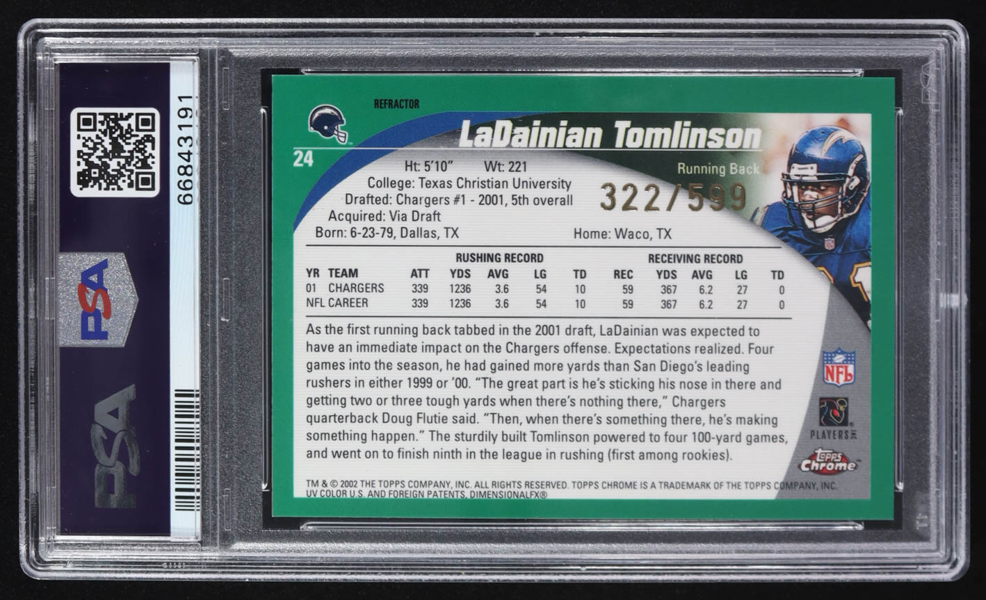 LaDainian Tomlinson 2002 Topps Chrome Refractors #24 #322/599 (PSA 8) at PristineAuction.com LaDainian Tomlinson 2002 Topps Chrome Refractors #24 #322/599 (PSA 8) at PristineAuction.com