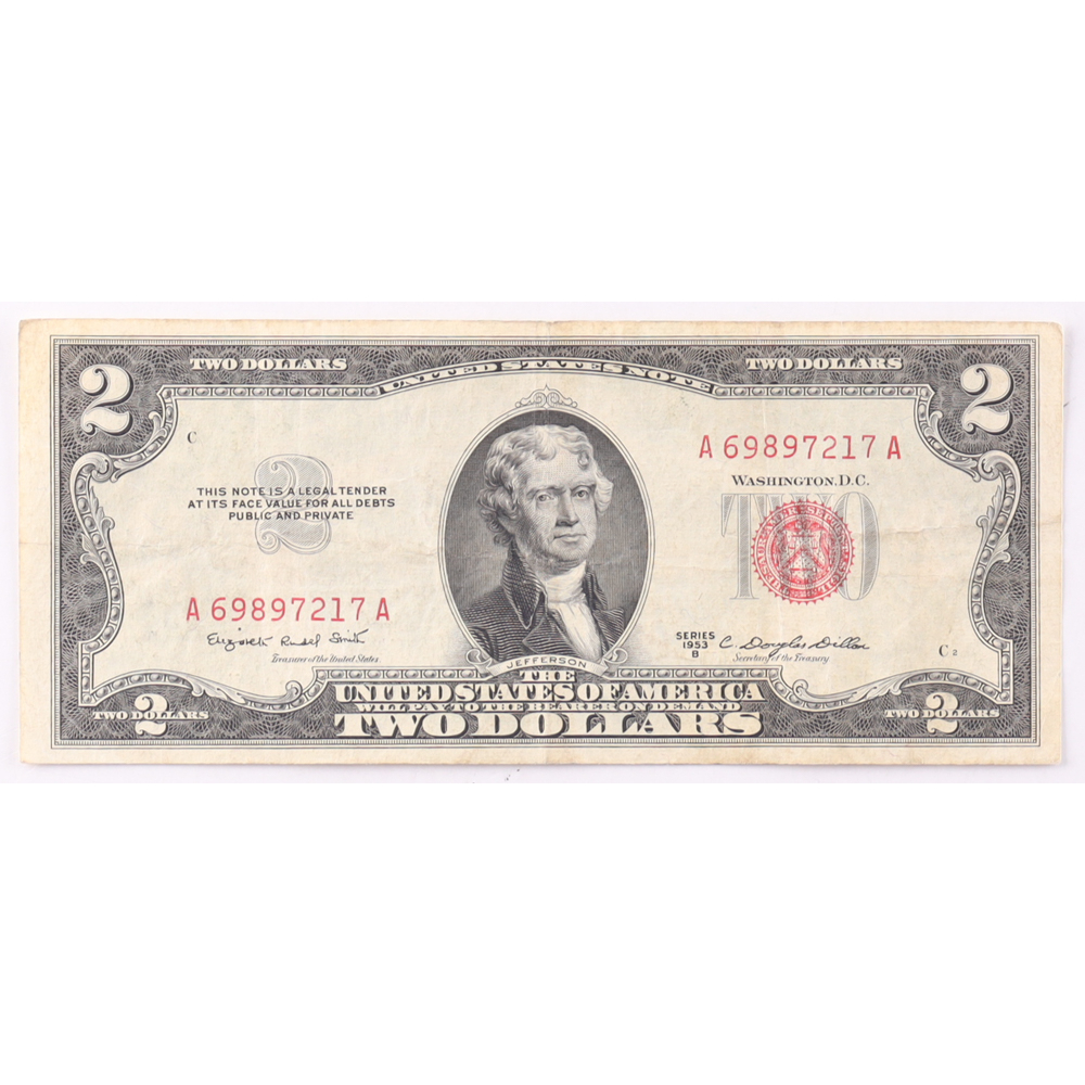 1953-B $2 United States Treasury Red Seal Silver Certificate Paper Bank Note at PristineAuction.com
