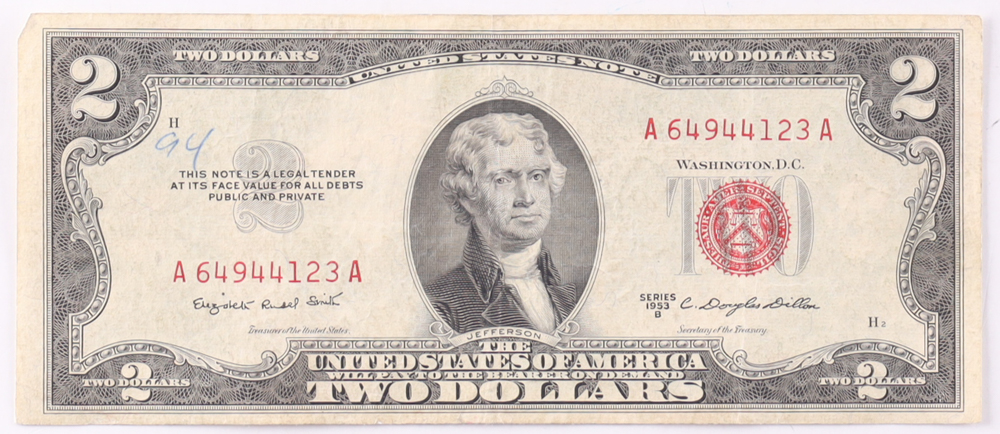 1953-B $2 United States Treasury Red Seal Silver Certificate Paper Bank Note at PristineAuction.com 1953-B $2 United States Treasury Red Seal Silver Certificate Paper Bank Note at PristineAuction.com