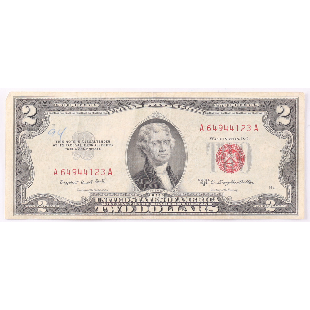 1953-B $2 United States Treasury Red Seal Silver Certificate Paper Bank Note at PristineAuction.com