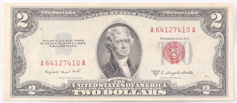 1953-B $2 United States Treasury Red Seal Silver Certificate Paper Bank Note at PristineAuction.com 1953-B $2 United States Treasury Red Seal Silver Certificate Paper Bank Note at PristineAuction.com