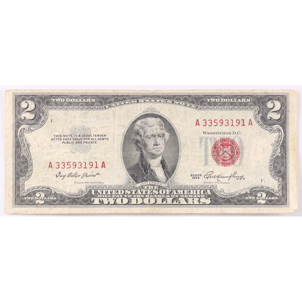 1953-A $2 United States Treasury Red Seal Silver Certificate Paper Bank Note at PristineAuction.com
