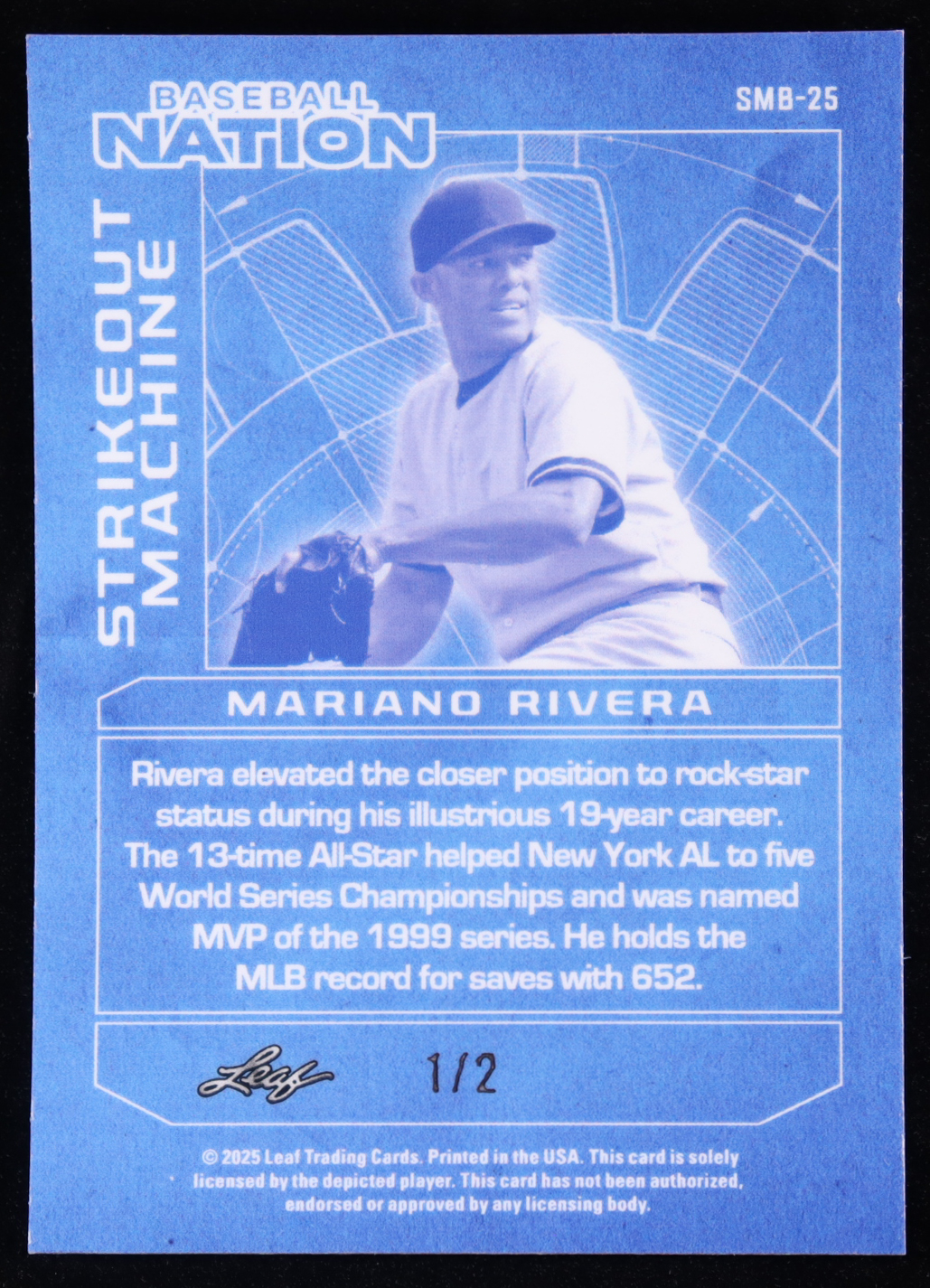 Mariano Rivera 2025 Leaf Baseball Nation Strikeout Machine Red Sparkle #SMB25 #1/2 at PristineAuction.com Mariano Rivera 2025 Leaf Baseball Nation Strikeout Machine Red Sparkle #SMB25 #1/2 at PristineAuction.com