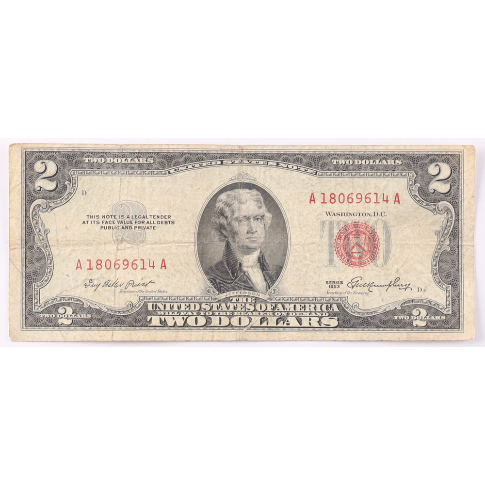 1953 $2 United States Treasury Red Seal Silver Certificate Paper Bank Note at PristineAuction.com