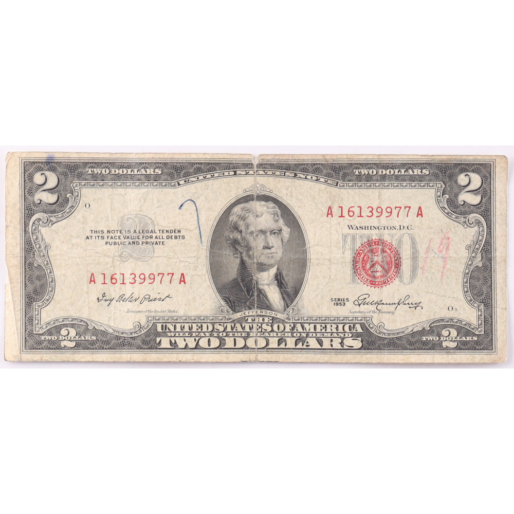 1953-B $2 United States Treasury Red Seal Silver Certificate Paper Bank Note at PristineAuction.com