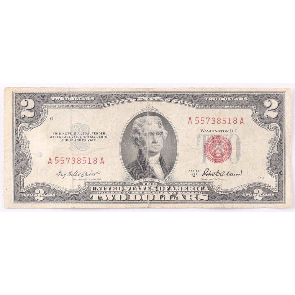 1953-A $2 United States Treasury Red Seal Silver Certificate Paper Bank Note at PristineAuction.com