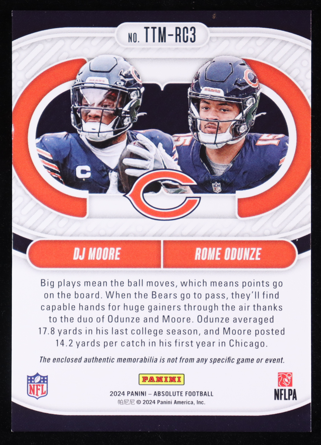 D.J. Moore / Rome Odunze RC 2024 Absolute Team Tandem Materials #35 #006/199 at PristineAuction.com D.J. Moore / Rome Odunze RC 2024 Absolute Team Tandem Materials #35 #006/199 at PristineAuction.com