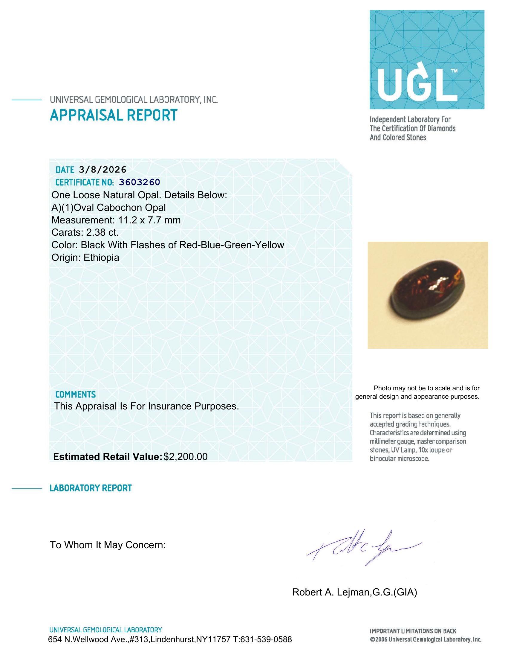 2.38 Carats Natural Black Opal Loose | $2,200 Estimated Retail Value (UGL Cert) at PristineAuction.com 2.38 Carats Natural Black Opal Loose | $2,200 Estimated Retail Value (UGL Cert) at PristineAuction.com