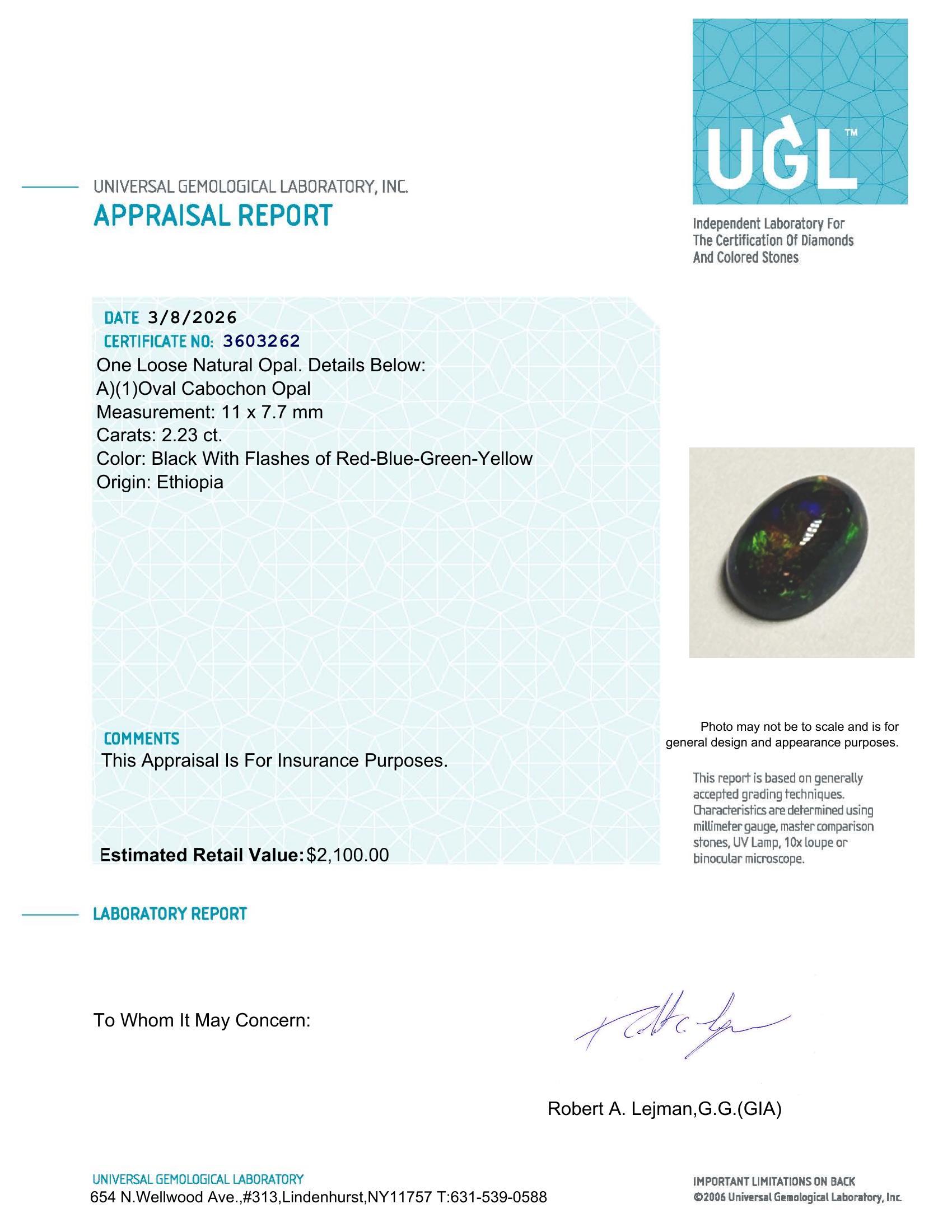 2.23 Carats Natural Black Opal Loose | $2,100 Estimated Retail Value (UGL Cert) at PristineAuction.com 2.23 Carats Natural Black Opal Loose | $2,100 Estimated Retail Value (UGL Cert) at PristineAuction.com