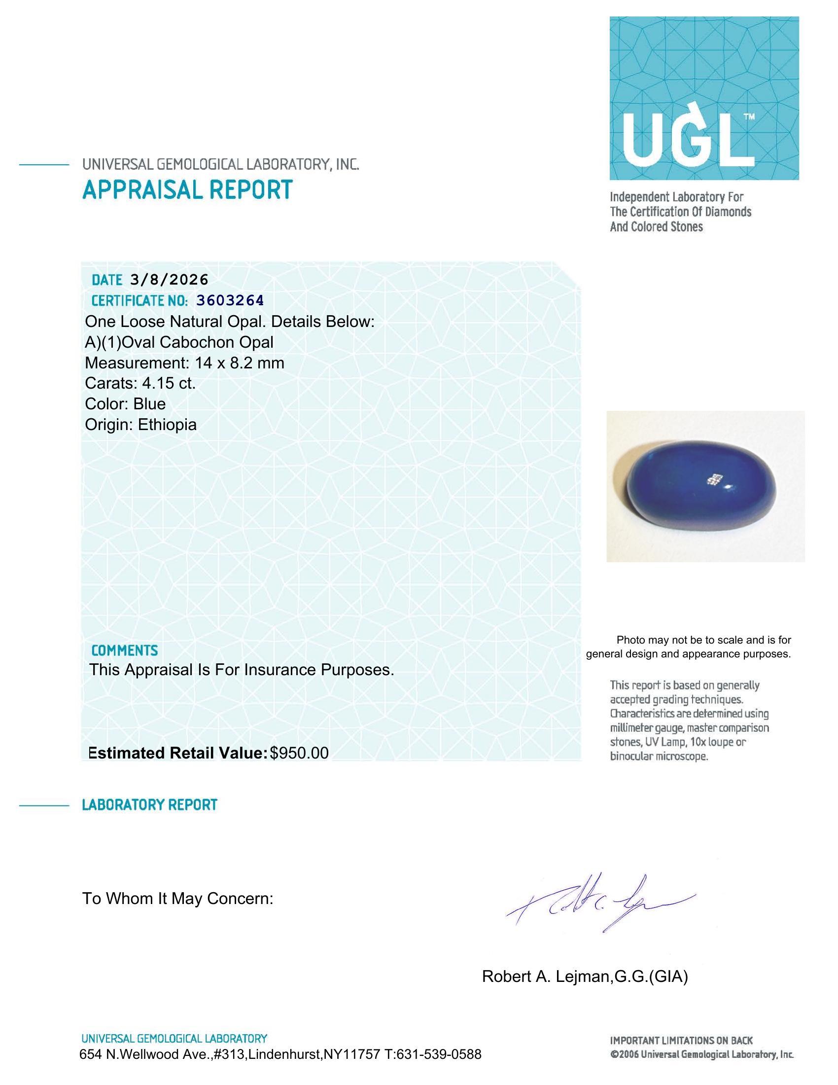 4.15 Carats Natural Blue Opal Loose | $950 Estimated Retail Value (UGL Cert) at PristineAuction.com 4.15 Carats Natural Blue Opal Loose | $950 Estimated Retail Value (UGL Cert) at PristineAuction.com