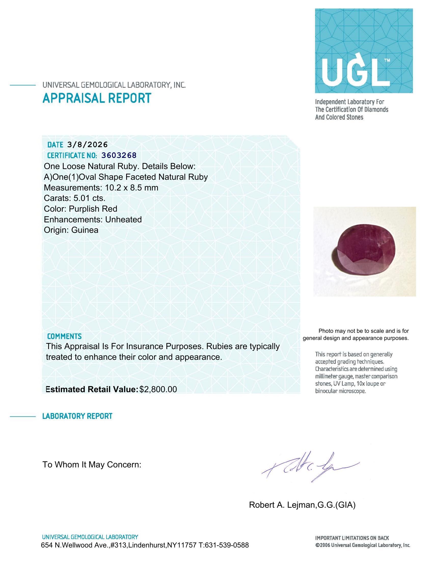 5.01 Carats Natural Ruby Loose | $2,800 Estimated Retail Value (UGL Cert) at PristineAuction.com 5.01 Carats Natural Ruby Loose | $2,800 Estimated Retail Value (UGL Cert) at PristineAuction.com