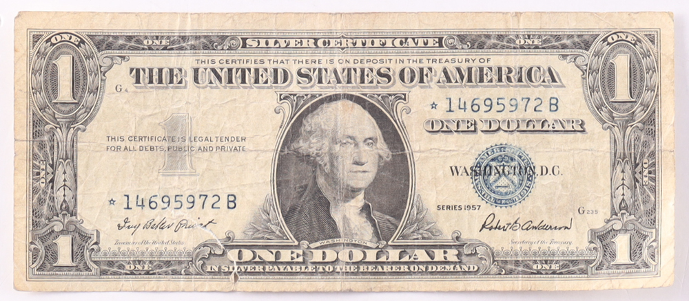 1957 $1 United States Treasury Blue Seal Silver Certificate Paper Bank Note at PristineAuction.com 1957 $1 United States Treasury Blue Seal Silver Certificate Paper Bank Note at PristineAuction.com