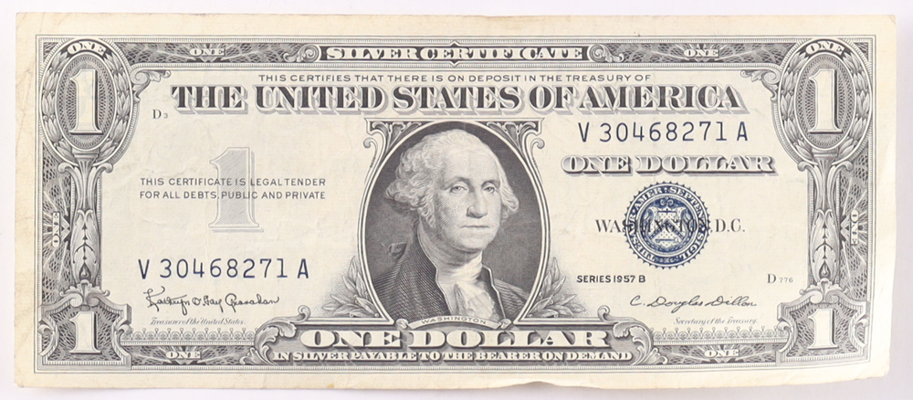 1957-B $1 United States Treasury Blue Seal Silver Certificate Paper Bank Note at PristineAuction.com 1957-B $1 United States Treasury Blue Seal Silver Certificate Paper Bank Note at PristineAuction.com
