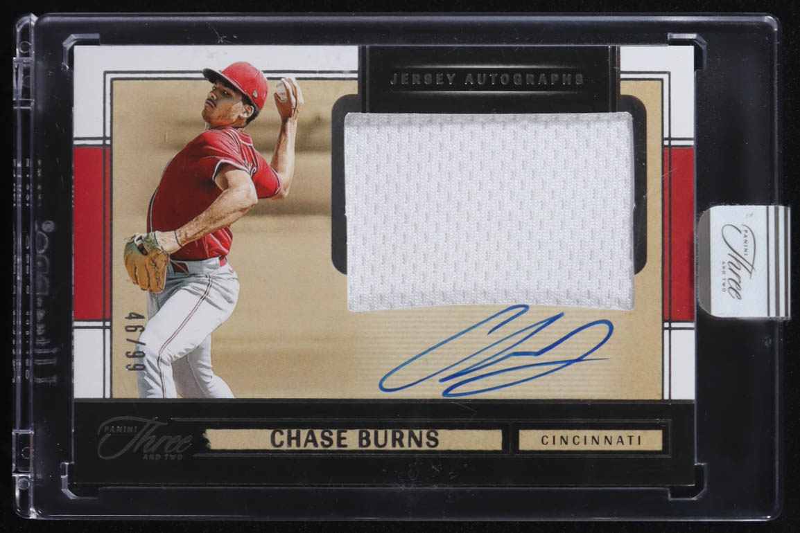 Chase Burns 2025 Panini Three and Two Jersey Autographs #22 #46/99 at PristineAuction.com Chase Burns 2025 Panini Three and Two Jersey Autographs #22 #46/99 at PristineAuction.com