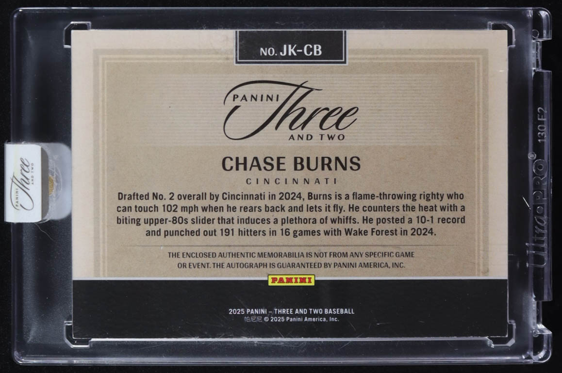 Chase Burns 2025 Panini Three and Two Jersey Autographs #22 #46/99 at PristineAuction.com Chase Burns 2025 Panini Three and Two Jersey Autographs #22 #46/99 at PristineAuction.com