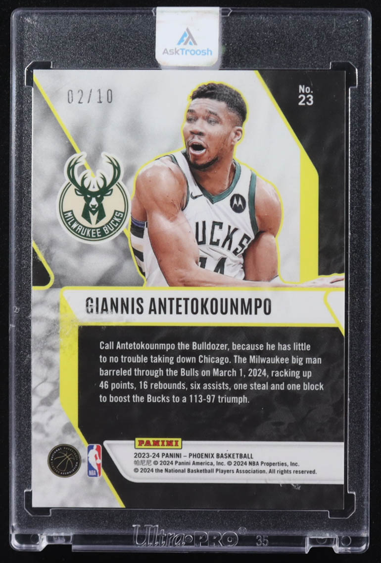 Giannis Antetokounmpo 2023-24 Panini Phoenix Fade To Black Phoenix Gold #23 #02/10 at PristineAuction.com Giannis Antetokounmpo 2023-24 Panini Phoenix Fade To Black Phoenix Gold #23 #02/10 at PristineAuction.com