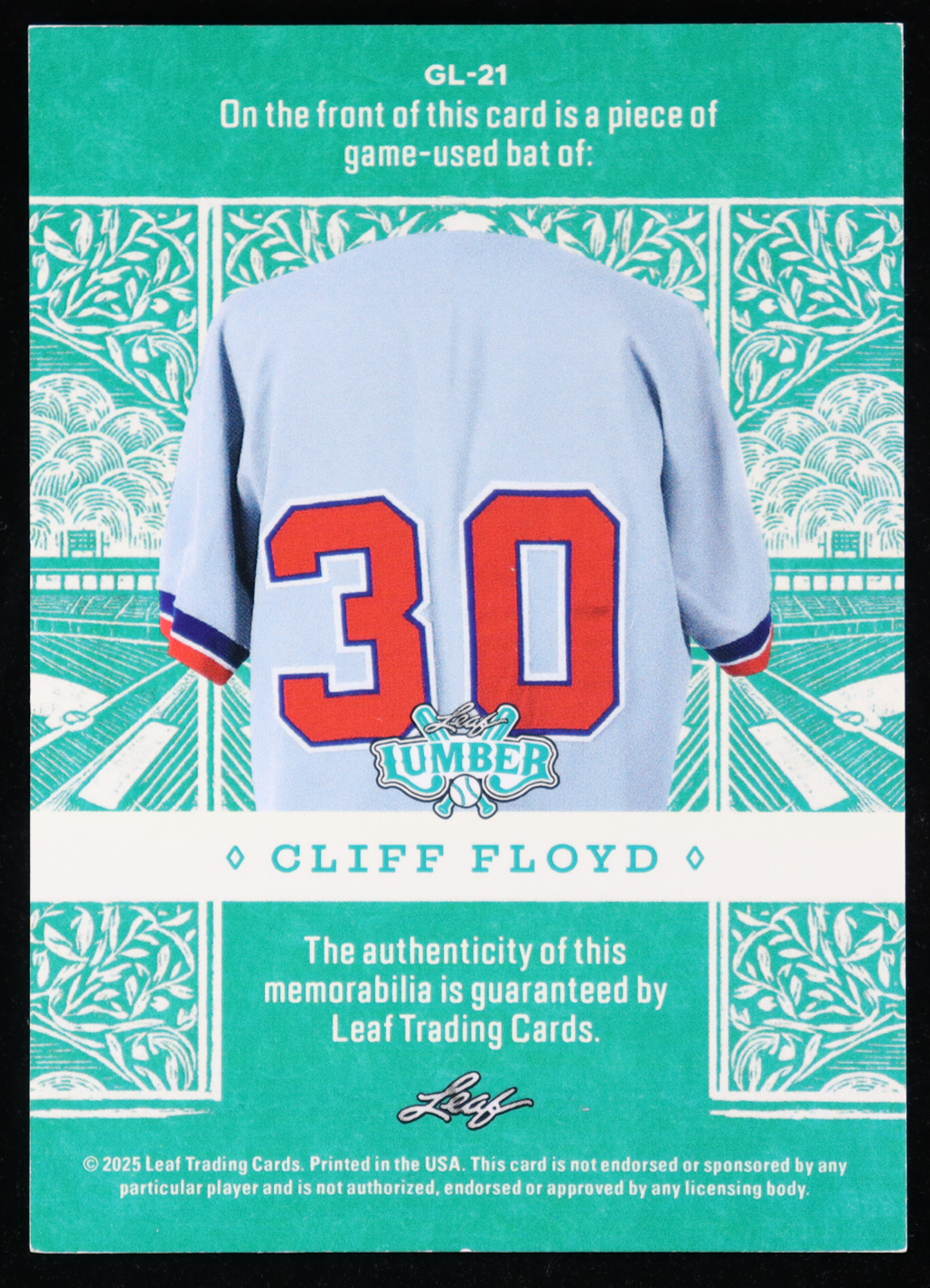 Cliff Floyd 2025 Leaf Lumber Game-Used Bat Bronze #GL21 #44/45 at PristineAuction.com Cliff Floyd 2025 Leaf Lumber Game-Used Bat Bronze #GL21 #44/45 at PristineAuction.com