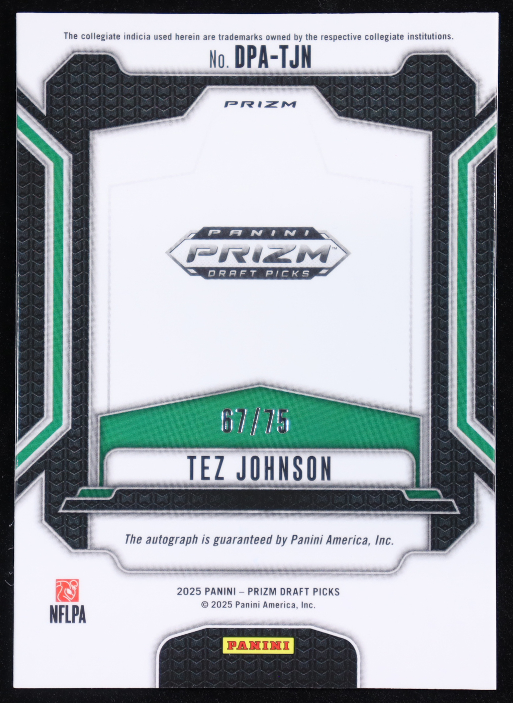 Tez Johnson 2025 Panini Prizm Draft Picks Draft Picks Autographs Orange Pulsar #73 #67/75 RC at PristineAuction.com Tez Johnson 2025 Panini Prizm Draft Picks Draft Picks Autographs Orange Pulsar #73 #67/75 RC at PristineAuction.com
