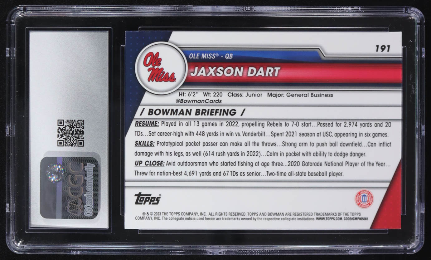 Jaxson Dart 2023 Bowman Chrome University #191 (CGC 9.5) at PristineAuction.com Jaxson Dart 2023 Bowman Chrome University #191 (CGC 9.5) at PristineAuction.com