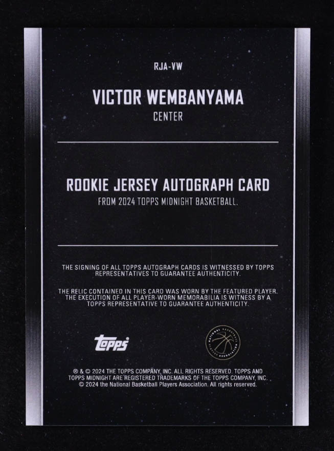 Victor Wembanyama 2023-24 Topps Midnight Rookie Jersey Autographs #RJAVW RC #094/199 at PristineAuction.com Victor Wembanyama 2023-24 Topps Midnight Rookie Jersey Autographs #RJAVW RC #094/199 at PristineAuction.com