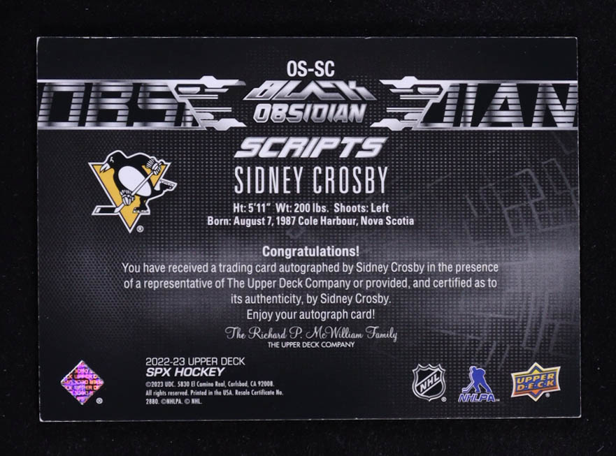 Sidney Crosby 2022-23 UD Black Obsidian Scripts #OSSC SP at PristineAuction.com Sidney Crosby 2022-23 UD Black Obsidian Scripts #OSSC SP at PristineAuction.com