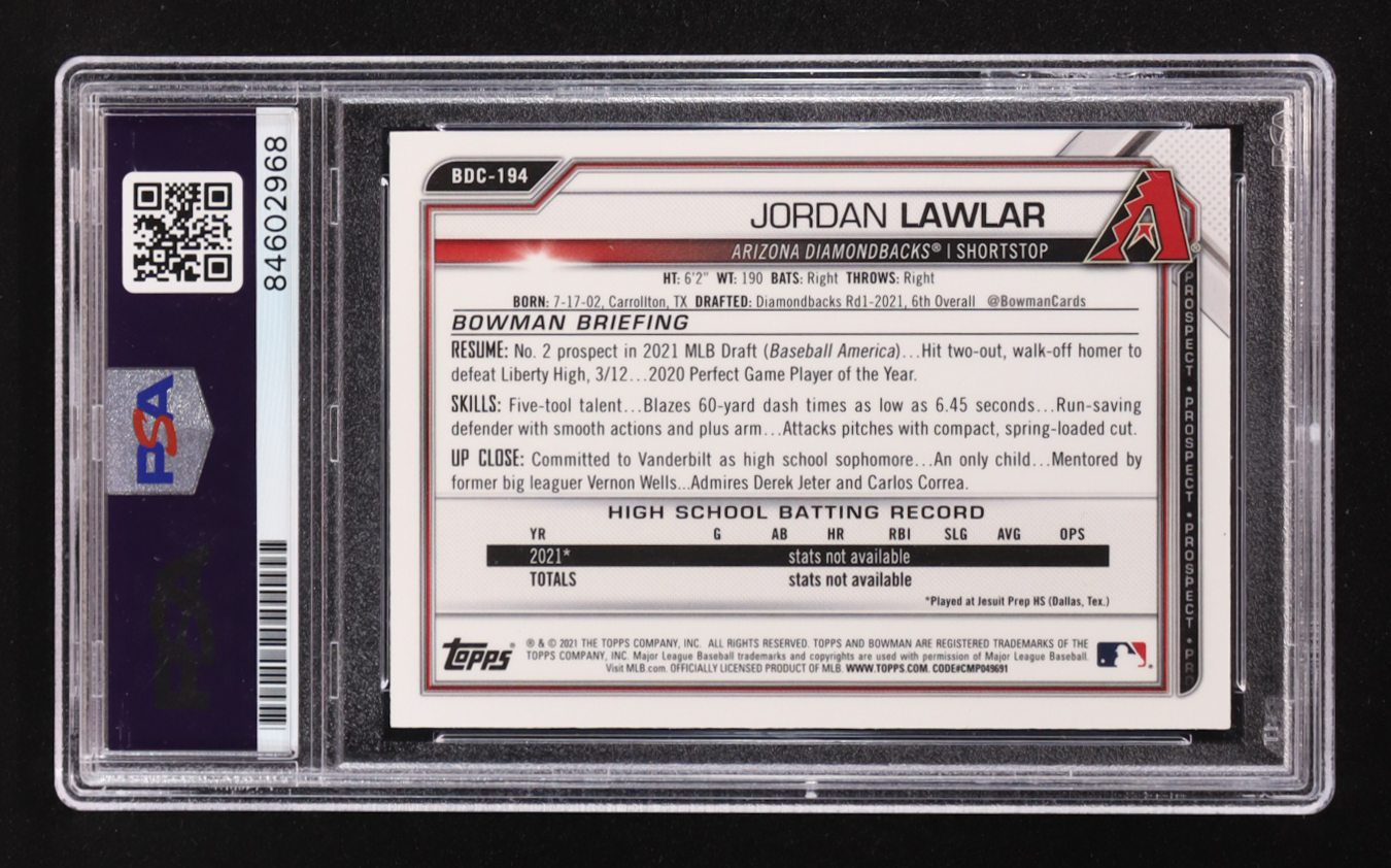 Jordan Lawlar Signed 2021 Bowman Chrome Draft Sapphire #BDC194 RC (PSA) at PristineAuction.com Jordan Lawlar Signed 2021 Bowman Chrome Draft Sapphire #BDC194 RC (PSA) at PristineAuction.com