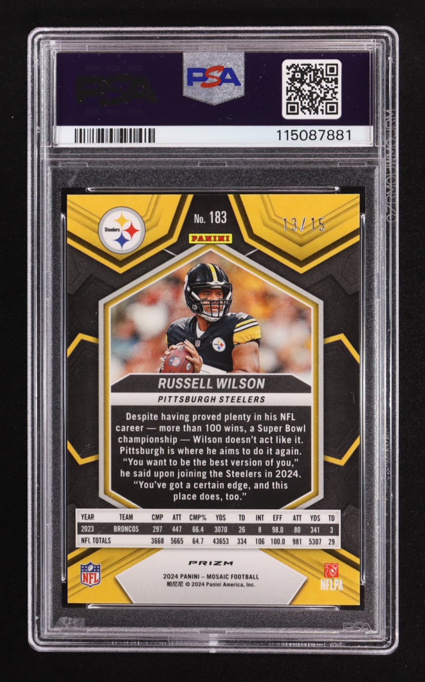 Russell Wilson 2024 Panini Mosaic Mosaic Tessellation #183 #13/15 (PSA 10) at PristineAuction.com Russell Wilson 2024 Panini Mosaic Mosaic Tessellation #183 #13/15 (PSA 10) at PristineAuction.com
