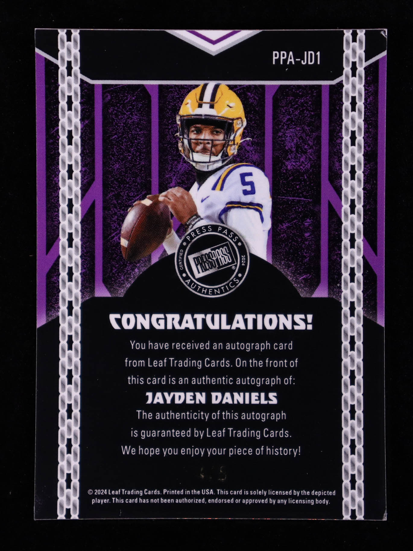 Jayden Daniels 2024 Leaf Press Pass Autographs Shimmer Platinum #PPAJD1 RC #4/5 at PristineAuction.com Jayden Daniels 2024 Leaf Press Pass Autographs Shimmer Platinum #PPAJD1 RC #4/5 at PristineAuction.com