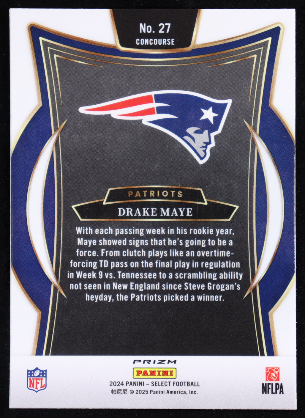 Drake Maye 2024 Select Prizm Red and Blue Shock #27 RC at PristineAuction.com Drake Maye 2024 Select Prizm Red and Blue Shock #27 RC at PristineAuction.com