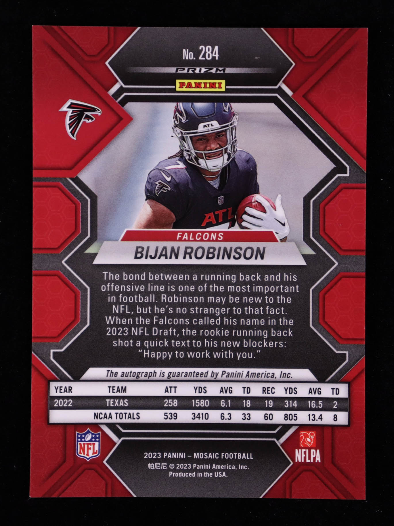 Bijan Robinson 2023 Panini Mosaic Rookie Autographs Mosaic No Huddle Blue #284 RC at PristineAuction.com Bijan Robinson 2023 Panini Mosaic Rookie Autographs Mosaic No Huddle Blue #284 RC at PristineAuction.com