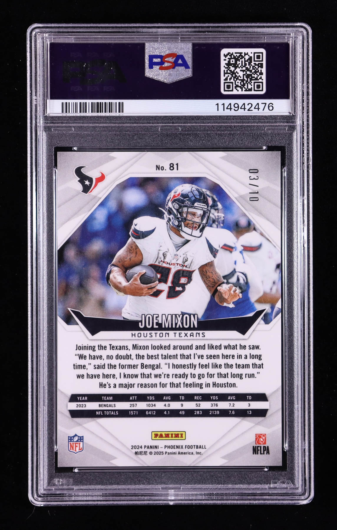 Joe Mixon 2024 Panini Phoenix Gold #81 #03/10 (PSA 10) at PristineAuction.com Joe Mixon 2024 Panini Phoenix Gold #81 #03/10 (PSA 10) at PristineAuction.com