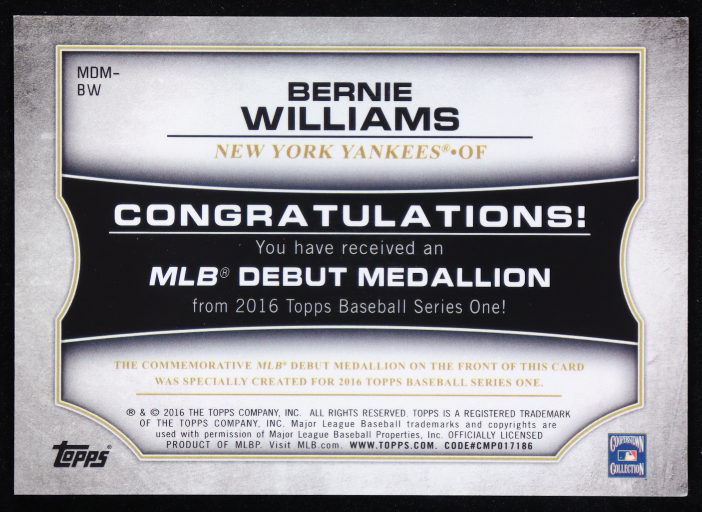 Bernie Williams 2016 Topps MLB Debut Medallion #MDMBW at PristineAuction.com Bernie Williams 2016 Topps MLB Debut Medallion #MDMBW at PristineAuction.com
